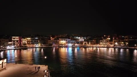 Chania town by night, Lighthouse, Drone shot, Crete, Greece, Aerial view of Chan Stock Footage 301918841