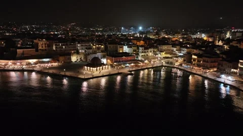 Chania town by night, Lighthouse, Drone shot, Crete, Greece, Aerial view of Chan Stock Footage 302205154