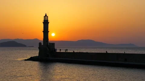 Chania town by night, Lighthouse, Drone shot, Crete, Greece, Aerial view of Chan Stock Footage 303510948