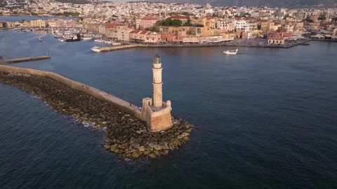 Chania town by night, Lighthouse, Drone shot, Crete, Greece, Aerial view of Chan Stock Footage 303510954