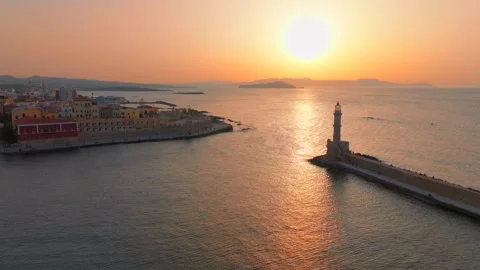 Chania town by night, Lighthouse, Drone shot, Crete, Greece, Aerial view of Chan Stock Footage 303511022