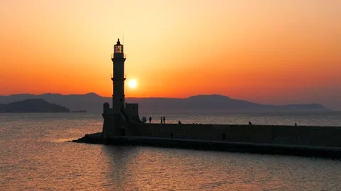 Chania town by night, Lighthouse, Drone shot, Crete, Greece, Aerial view of Chan Stock Footage 303589491