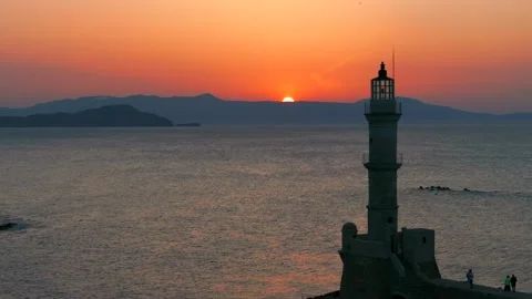 Chania town by night, Lighthouse, Drone shot, Crete, Greece, Aerial view of Chan Stock Footage 303725485