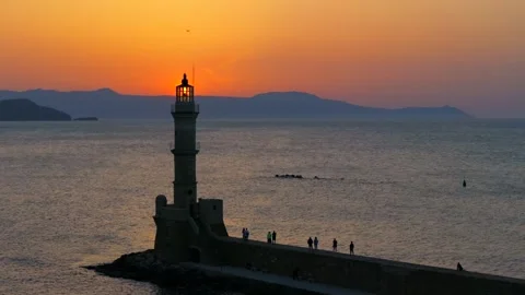 Chania town by night, Lighthouse, Drone shot, Crete, Greece, Aerial view of Chan Stock Footage 304367533