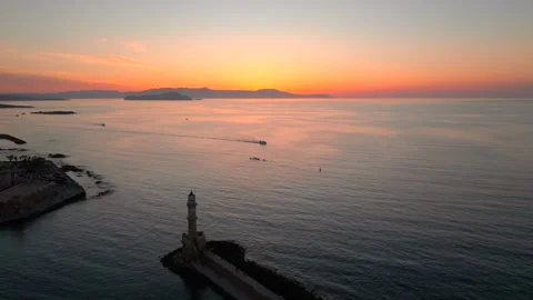 Chania town by night, Lighthouse, Drone shot, Crete, Greece, Aerial view of Chan Stock Footage 308259014