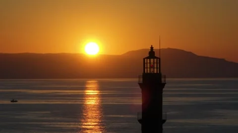 Chania town by night, Lighthouse, Drone shot, Crete, Greece, Aerial view of Chan Stock Footage 308259133