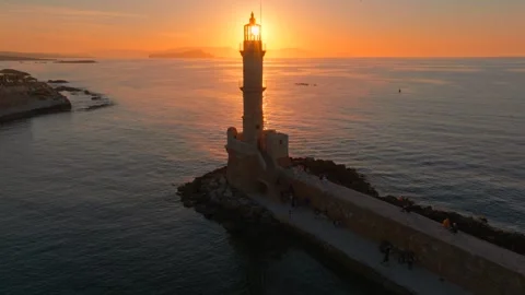 Chania town by night, Lighthouse, Drone shot, Crete, Greece, Aerial view of Chan Stock Footage 308260221