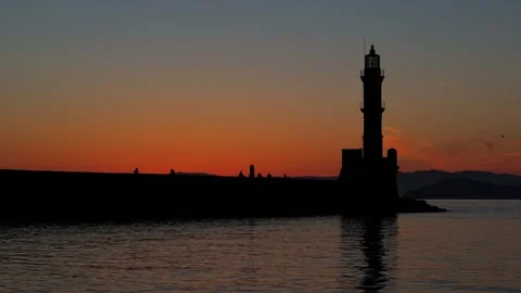 Chania town by night, Lighthouse, Drone shot, Crete, Greece, Aerial view of Chan Stock Footage 309121895
