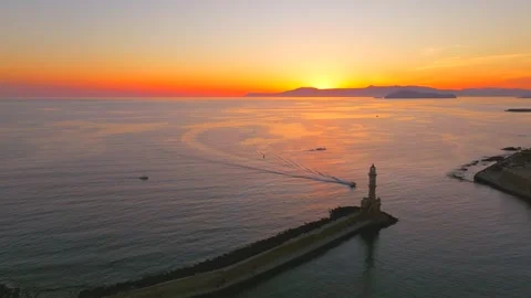 Chania town by night, Lighthouse, Drone shot, Crete, Greece, Aerial view of Chan Stock Footage 310746157