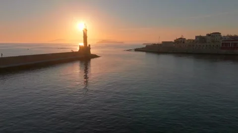 Chania town by night, Lighthouse, Drone shot, Crete, Greece, Aerial view of Chan Stock Footage 310746226