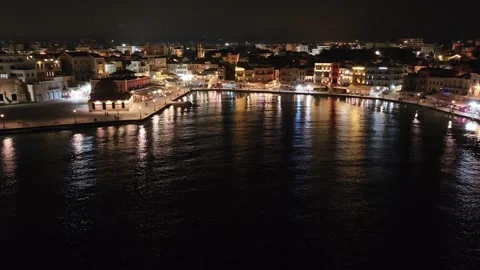 Chania town by night, Lighthouse, Drone shot, Crete, Greece, Aerial view of Chan Stock Footage 310746320