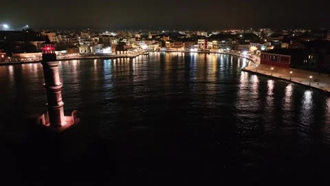 Chania town by night, Lighthouse, Drone shot, Crete, Greece, Aerial view of Chan Video stock 310790886