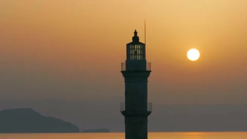 Chania town by night, Lighthouse, Drone shot, Crete, Greece, Aerial view of Chan Stock Footage 310791422