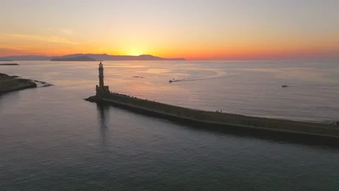 Chania town by night, Lighthouse, Drone shot, Crete, Greece, Aerial view of Chan Stock Footage 310852665