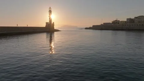 Chania town by night, Lighthouse, Drone shot, Crete, Greece, Aerial view of Chan Stock Footage 310955935