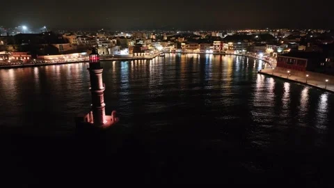 Chania town by night, Lighthouse, Drone shot, Crete, Greece, Aerial view of Chan Video stock 310956506