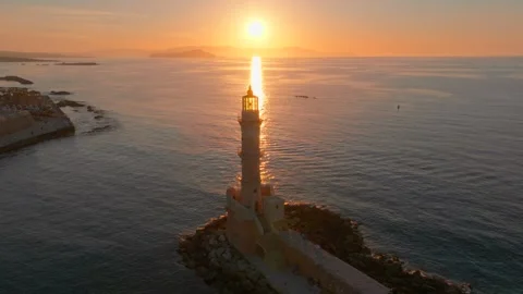 Chania town by night, Lighthouse, Drone shot, Crete, Greece, Aerial view of Chan Stock Footage 310957430
