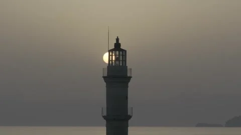 Chania town by night, Lighthouse, Drone shot, Crete, Greece, Aerial view of Chan Stock Footage 311130413