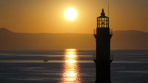 Chania town by night, Lighthouse, Drone shot, Crete, Greece, Aerial view of Chan Stock Footage 311130585