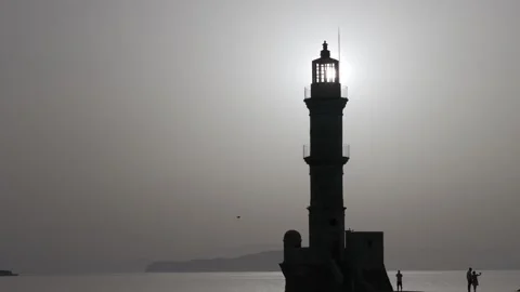 Chania town by night, Lighthouse, Drone shot, Crete, Greece, Aerial view of Chan Stock Footage 311389401
