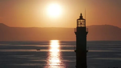 Chania town by night, Lighthouse, Drone shot, Crete, Greece, Aerial view of Chan Stock Footage 311389435