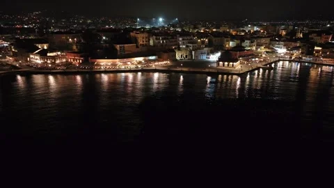 Chania town by night, Lighthouse, Drone shot, Crete, Greece, Aerial view of Chan Stock Footage 311480462