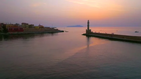 Chania town by night, Lighthouse, Drone shot, Crete, Greece, Aerial view of Chan Video stock 311480765