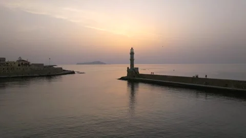 Chania town by night, Lighthouse, Drone shot, Crete, Greece, Aerial view of Chan Stock Footage 311512302