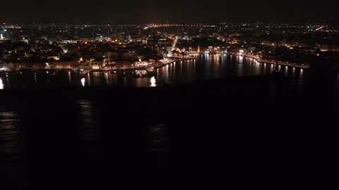 Chania town by night, Lighthouse, Drone shot, Crete, Greece, Aerial view of Chan Stock Footage 311512396