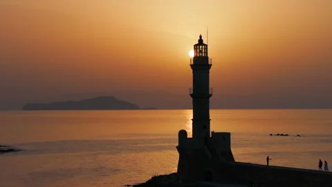Chania town by night, Lighthouse, Drone shot, Crete, Greece, Aerial view of Chan Stock Footage 313894257