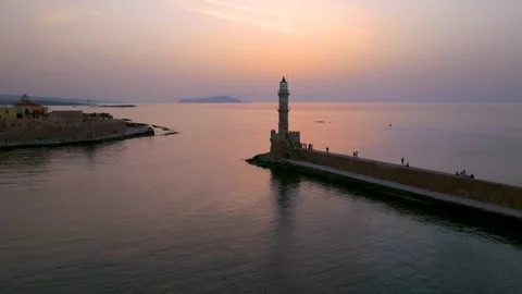 Chania town by night, Lighthouse, Drone shot, Crete, Greece, Aerial view of Chan Stock Footage 313894299