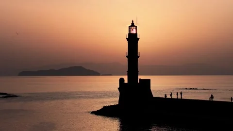 Chania town by night, Lighthouse, Drone shot, Crete, Greece, Aerial view of Chan Stock Footage 314285796