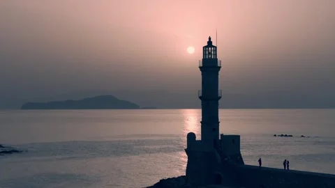 Chania town by night, Lighthouse, Drone shot, Crete, Greece, Aerial view of Chan Stock Footage 314465405