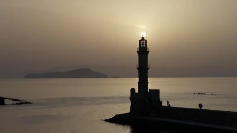 Chania town by night, Lighthouse, Drone shot, Crete, Greece, Aerial view of Chan Stock Footage 314516339