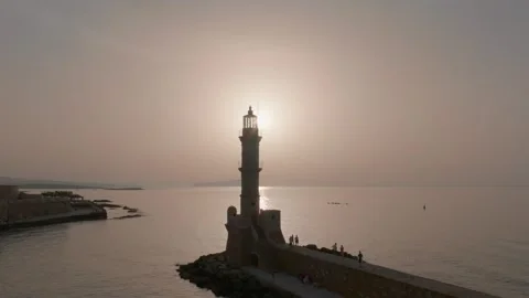 Chania town by night, Lighthouse, Drone shot, Crete, Greece, Aerial view of Chan Stock Footage 314661664