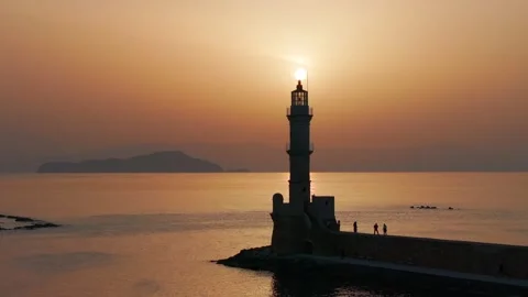 Chania town by night, Lighthouse, Drone shot, Crete, Greece, Aerial view of Chan Stock Footage 315068482