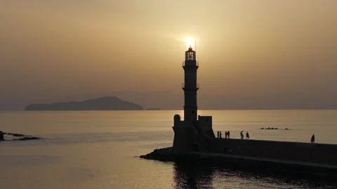 Chania town by night, Lighthouse, Drone shot, Crete, Greece, Aerial view of Chan Stock Footage 315235884
