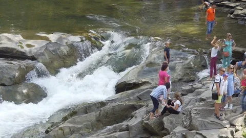 Channel of the mountain river. Probiy waterfall. Yaremche. Ukraine. 01.09.2017 Stockbeeldmateriaal 79728536