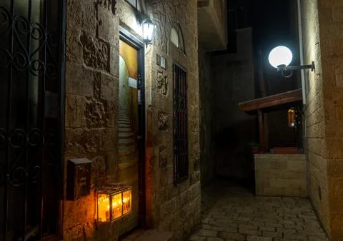 Chanuka lights on old jerusalem city street Stock Photos