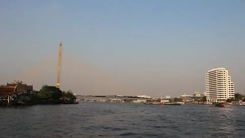 Chao Phraya River Day View thought bridge in Bangkok Thailand Stock Footage 130376495