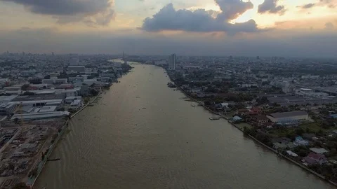 Chao Phraya River at dusk aerial shot Stockbeeldmateriaal 75667763