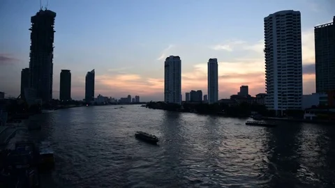 Chao Phraya River in the evening with sunset time and time lapse. Stock Footage 84585912