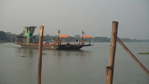 Chao Phraya River ferries carrying motorcycles and cars. Ayutthaya, Thailand. Stock Footage 123746701