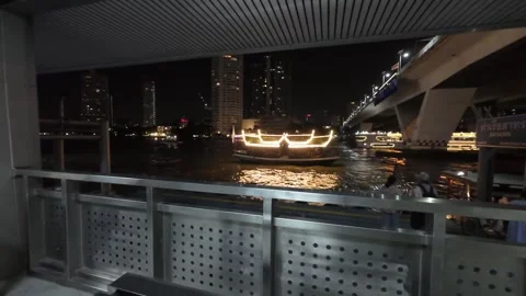 Chao Phraya River Night View With Illuminated Boat Bangkok City Thailand Stock Footage 328851570