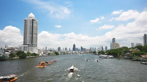 Chao Phraya River panoramic view of the Bangkok cityscape with skyscrapers on Stock Footage 254809391