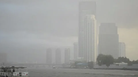 Chao Phraya River skyline and a river ferry, 8 June 2013 in Bangkok, Thailand Stock Footage 30291488