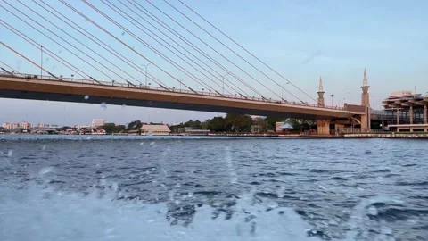 Chao Phraya River water splash on camera slow motion. Rama VIII Bridge view Stock Footage 197101698