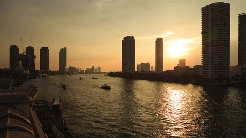 Chaopraya River View from Taksin Bridge, Bangkok, Thailand Stock Footage 71389363