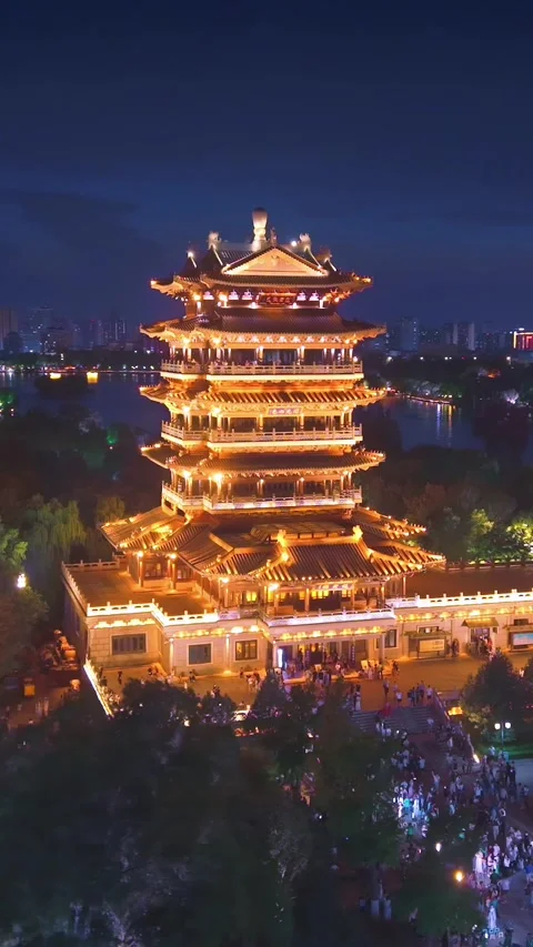 Chaoran Tower Illuminates Daming Lake at Night in Jinan Stock Footage 331121397