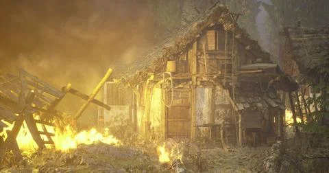 Chaos erupts as fire engulfs a rustic wooden cottage in a forest Stock Illustration